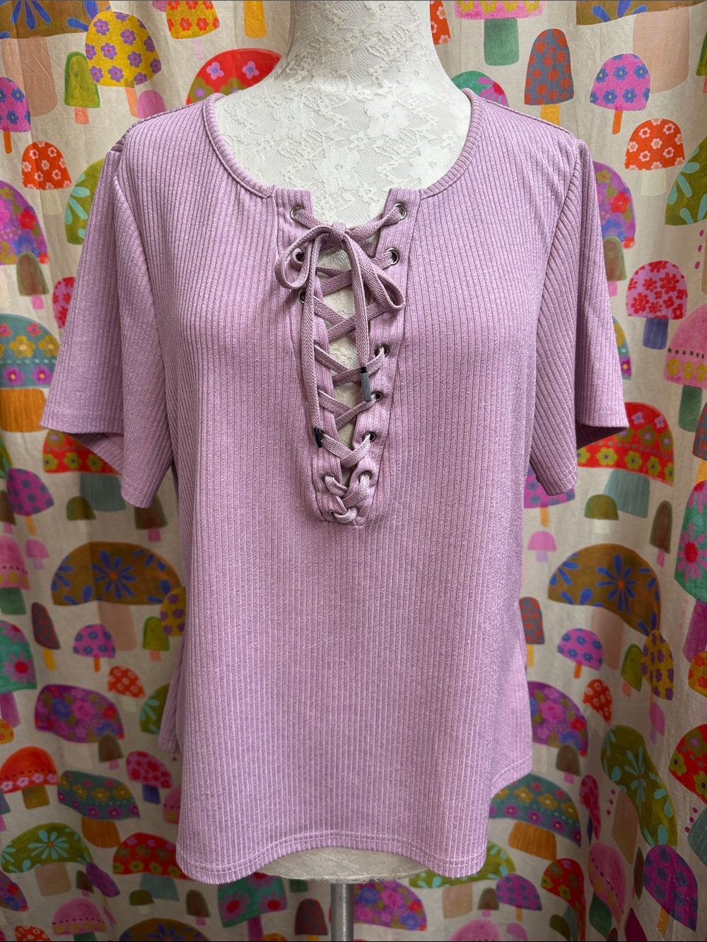 SHEIN Lavender Ribbed Lace-Up Short Sleeve Top